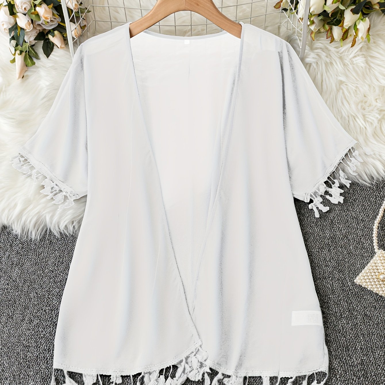  Casual Kimono Solid Short Sleeve Open Front Tassel Trim L