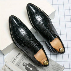 Crocodile Embossed Pointed Top Slip On Derby Shoes