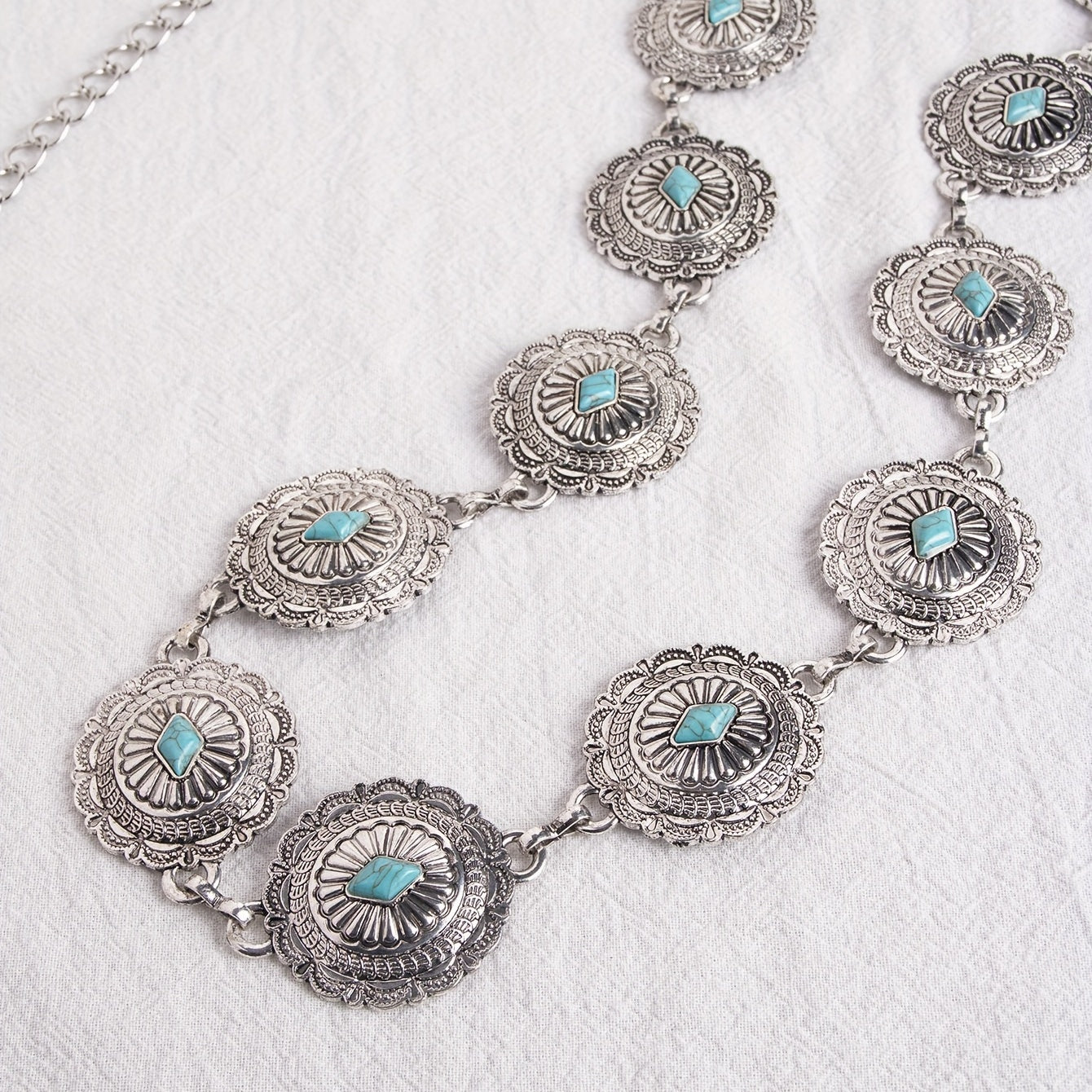 Turquoise Carved Silvery Waist Chain Geometric Flower Embossed Belly Chain 