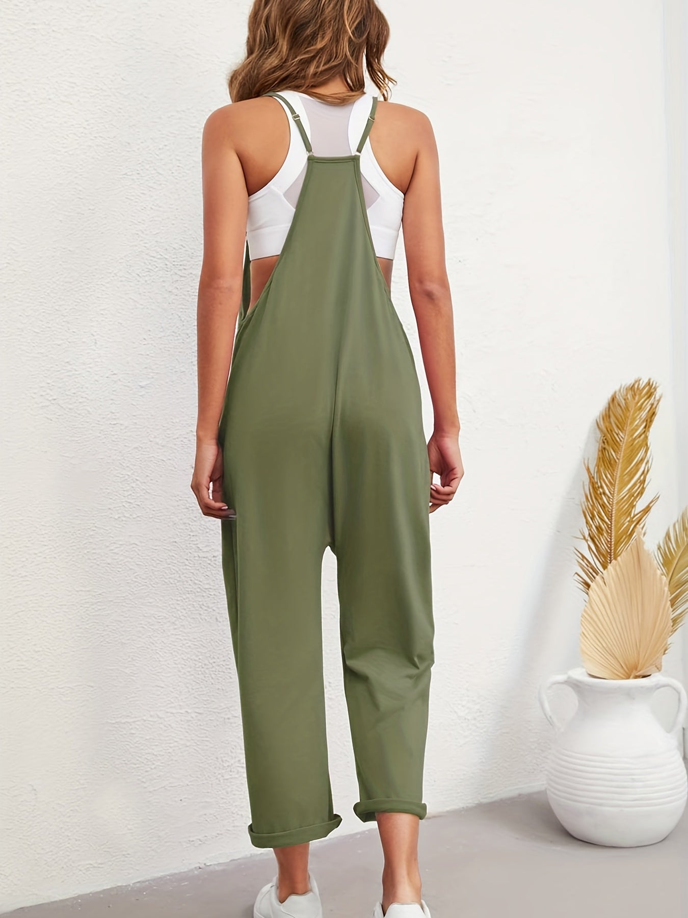 Boho Spaghetti Solid Pockets Jumpsuit Casual Sleeveless Long Length Wide Leg
