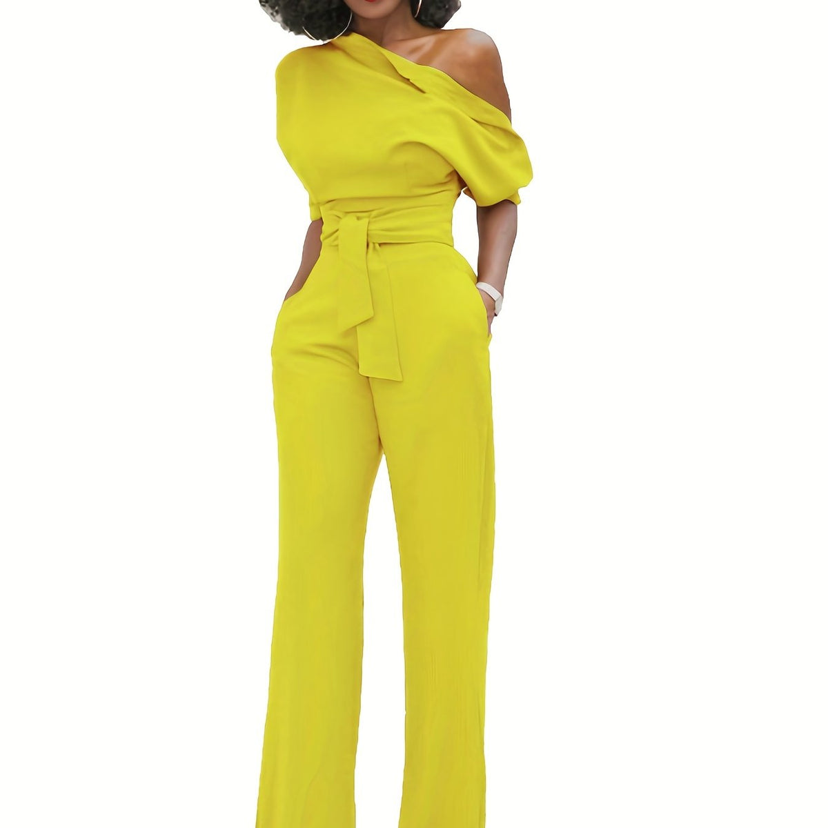 Slanted Shoulder Wide Leg Jumpsuit High Waist Casual