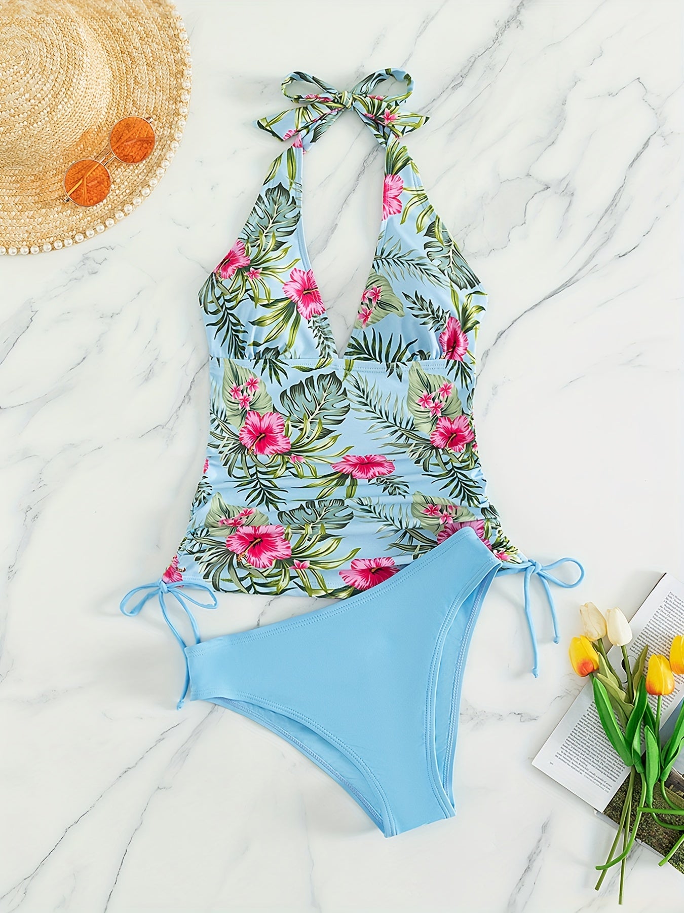 Tropical Print Tankini Set Drawstring Tie Swimsuit