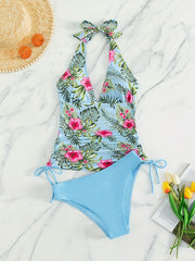 Tropical Print Tankini Set Drawstring Tie Swimsuit