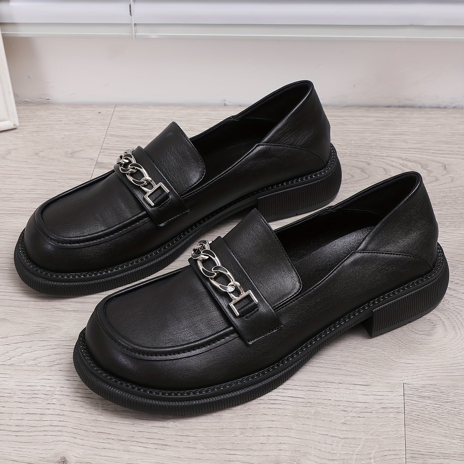 Chain Decor Chunky Heel Loafers British Style Work Shoes