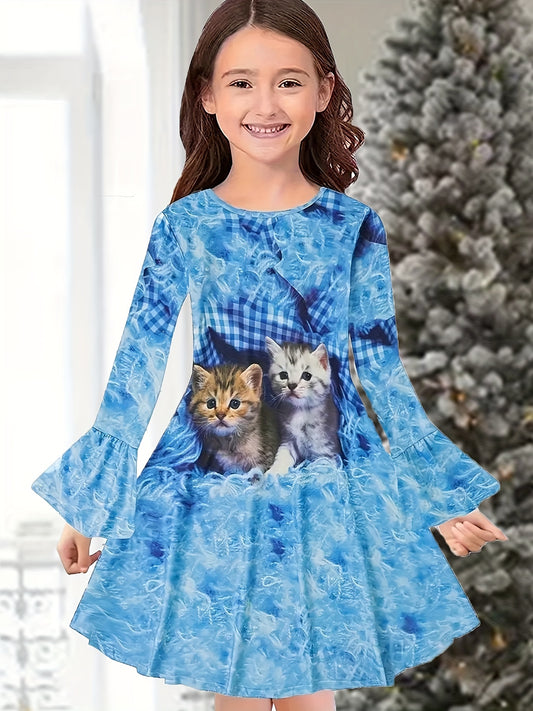 Girls Kitty Graphic Flare Long Sleeve Dress Cartoon Animal Print Dress
