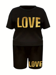  Letter Print Short Tee & Shorts 2 Piece Fitness Set