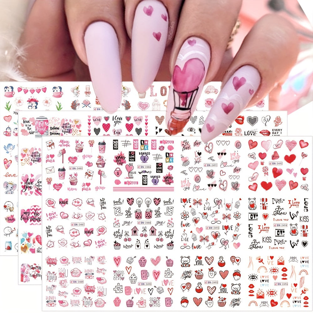 Valentine Nail Water Transfer Stickers Heart Love Letter Red Lip Rose Nail Art D