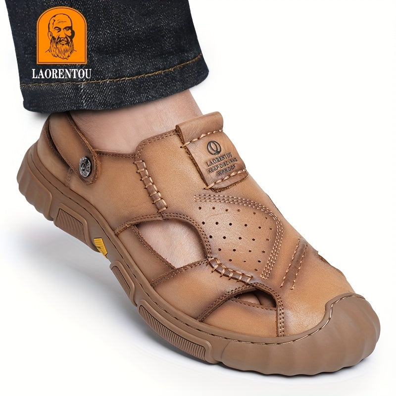 LAORENTOU Men's Leather Stitch Non slip Sandals Durable Quick Dry Closed Toe