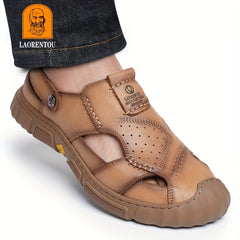 LAORENTOU Men's Leather Stitch Non slip Sandals Durable Quick Dry Closed Toe