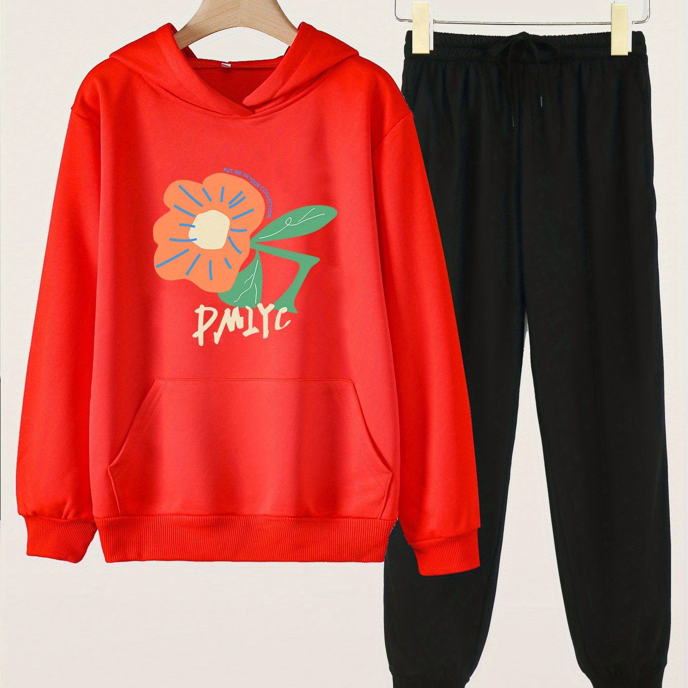 Girls Flower Print Hoodie & Sweatpants Set for Spring & Autumn