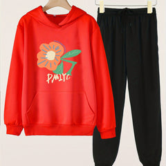 Girls Flower Print Hoodie & Sweatpants Set for Spring & Autumn