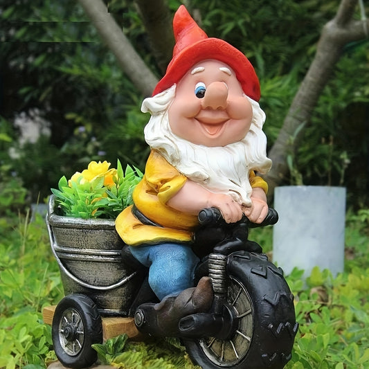 Outdoor Motorcycle Gnome Statue Dwarf Riding Motorcycle Succulent Flower Pot