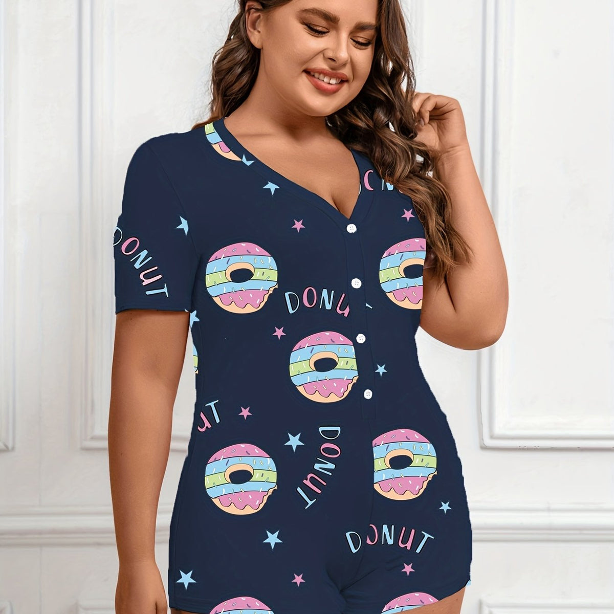  Donut & Letter Print Pajama Romper Short Sleeve V Neck Loungewear