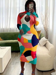  Ribbed Abstract Print Long Sleeve Cross Neck Keyhole Knit Dress