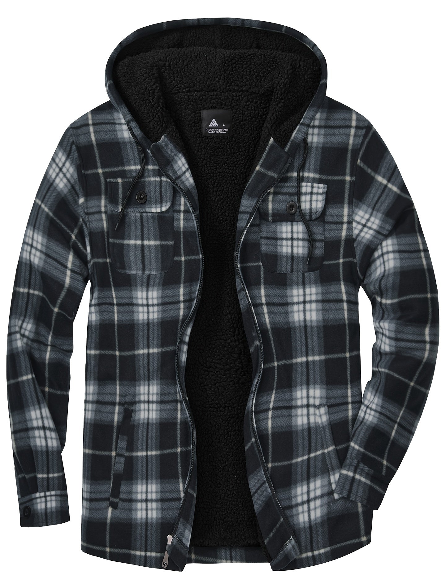 Men's Plaid Fleece Zip Hooded Jacket Outdoor Fall Winter