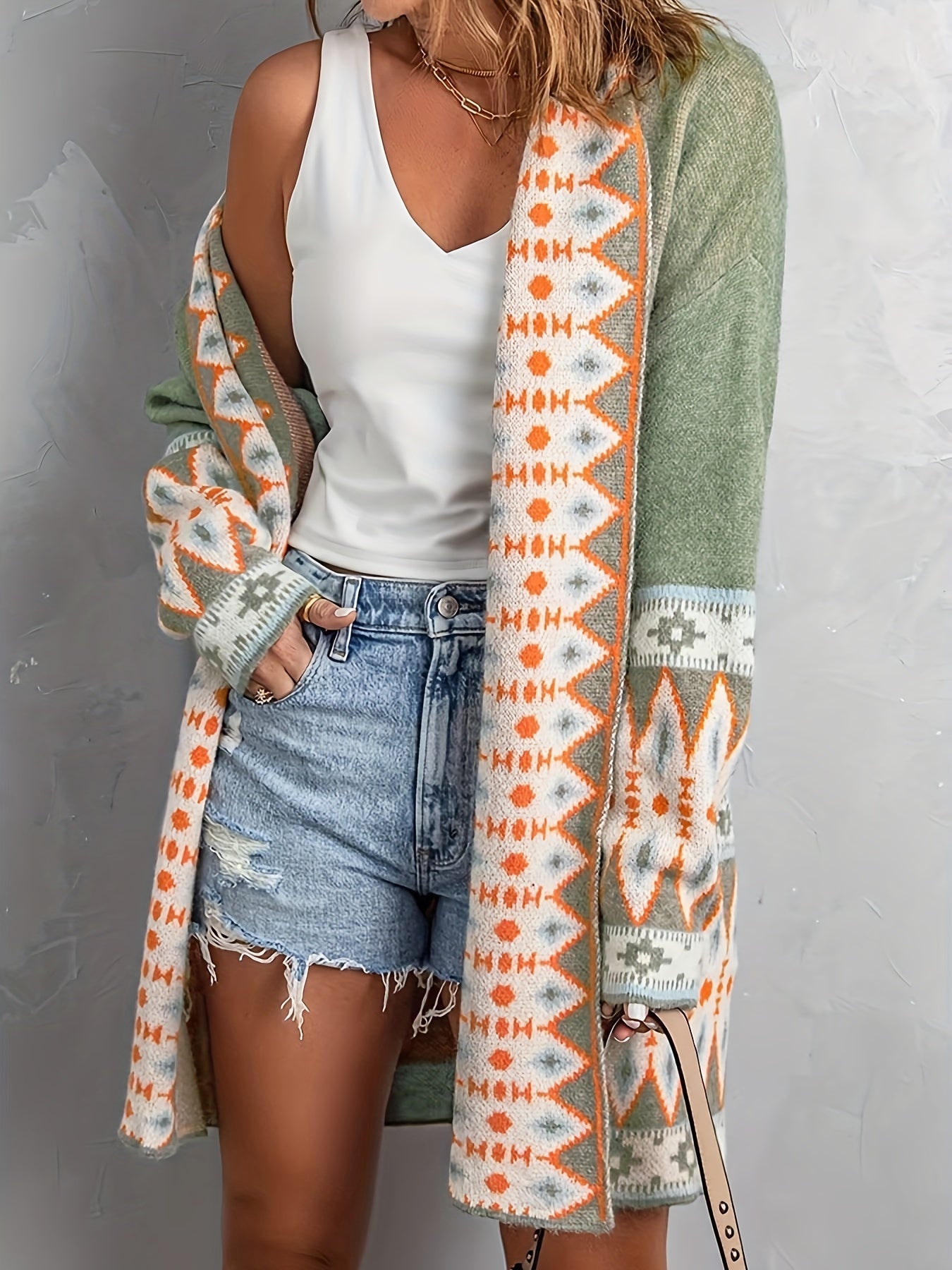  Colorblock Geo Print Open Front Cardigan