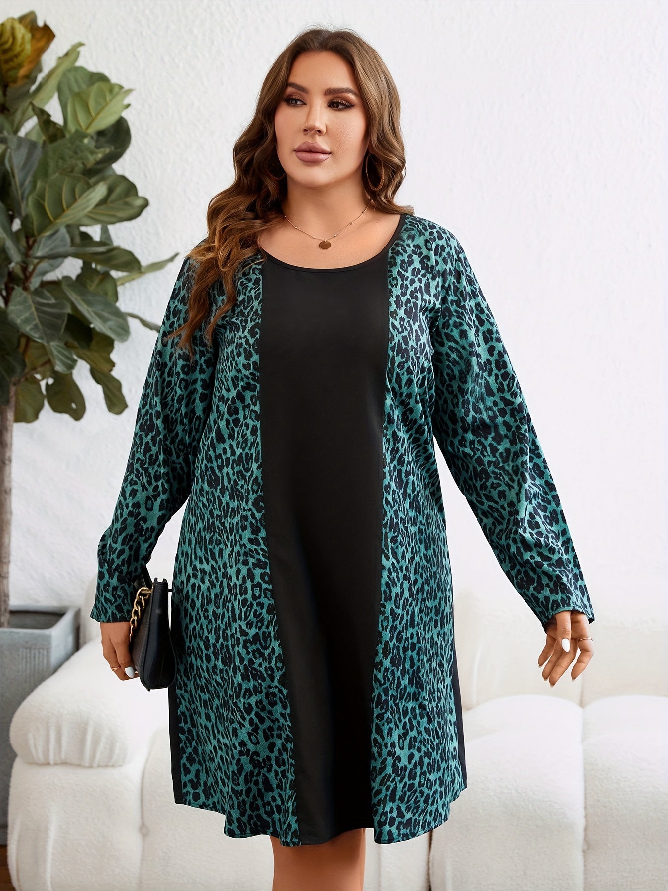  Colorblock Leopard Print Long Sleeve Round Neck Tee Dress