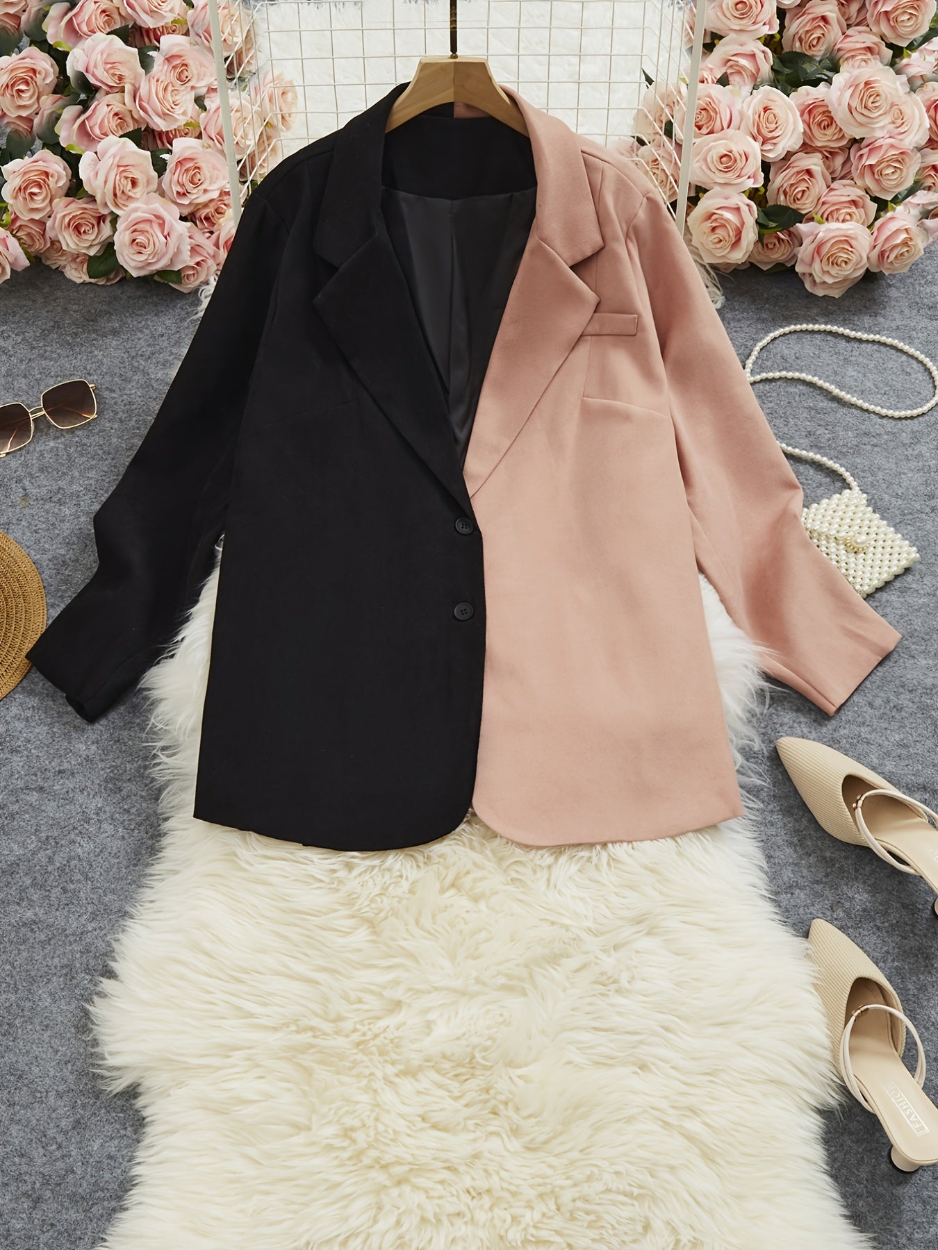 Colorblock Lapel Collar Button Front Blazer Plus Size