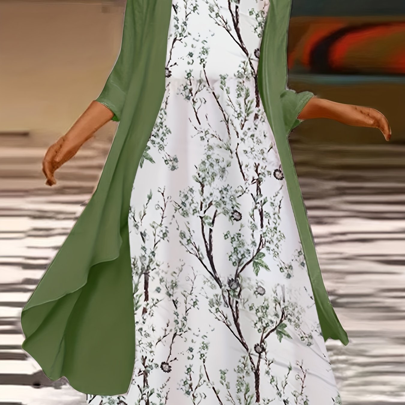  2-Piece Set: Solid Cover Up & Floral Print Tank Dress