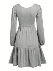  Solid Long Sleeve Smock Dress