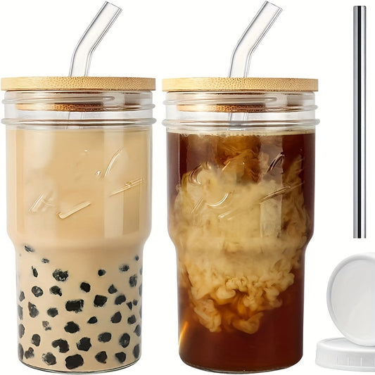 650ml Glass Tumbler w/ Bamboo Lid & Straw for Home Car Outdoor Parties