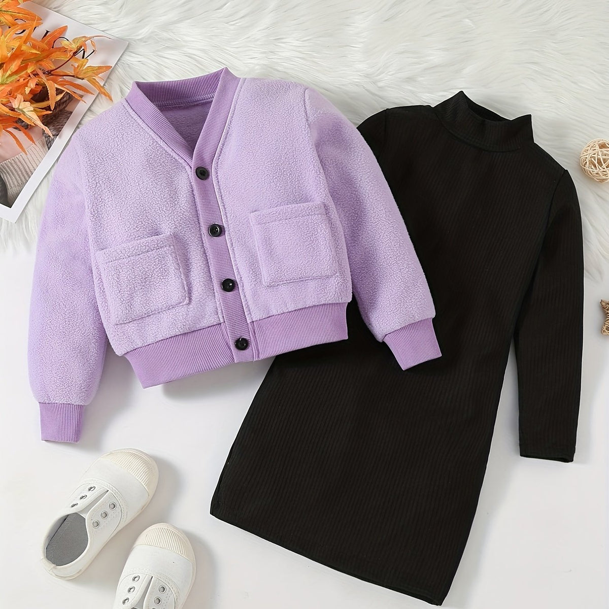 Girls Style Suit V Neck Coat With Pockets Plus Knitted Dress