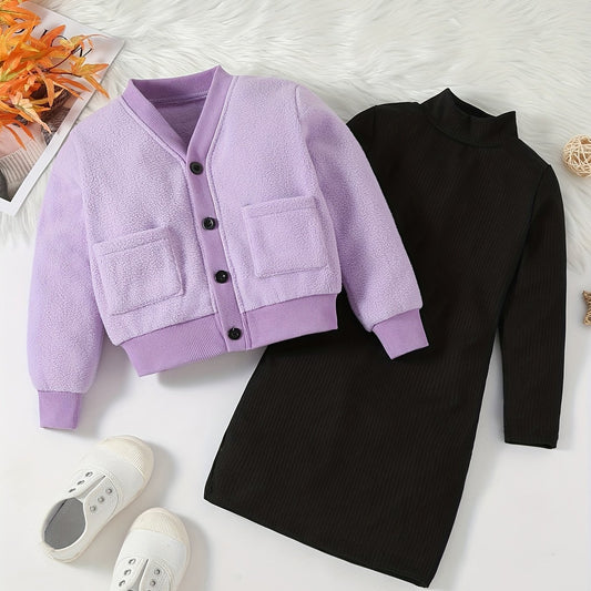 Girls Style Suit V Neck Coat With Pockets Plus Knitted Dress