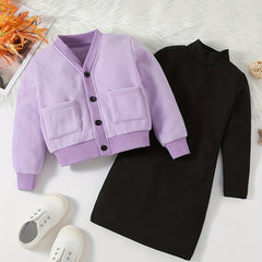 Girls Style Suit V Neck Coat With Pockets Plus Knitted Dress