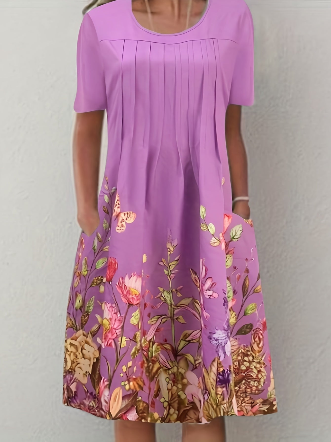 Floral Print Pleated Front Dress Short Sleeve Dual Pockets