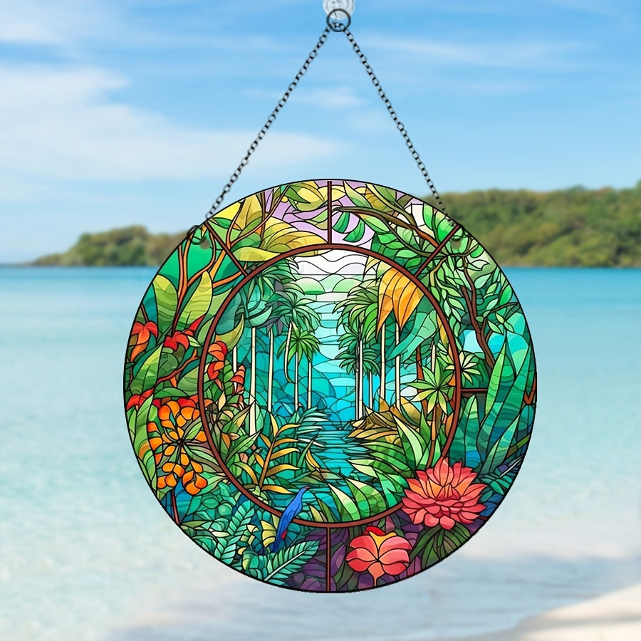 Acrylic Glass Coconut Tree Disc Ornament Jungle Flowers Plants Retro