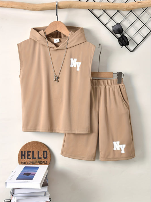 Boys NY Outfit Hooded Tank Top & Shorts Set for Summer