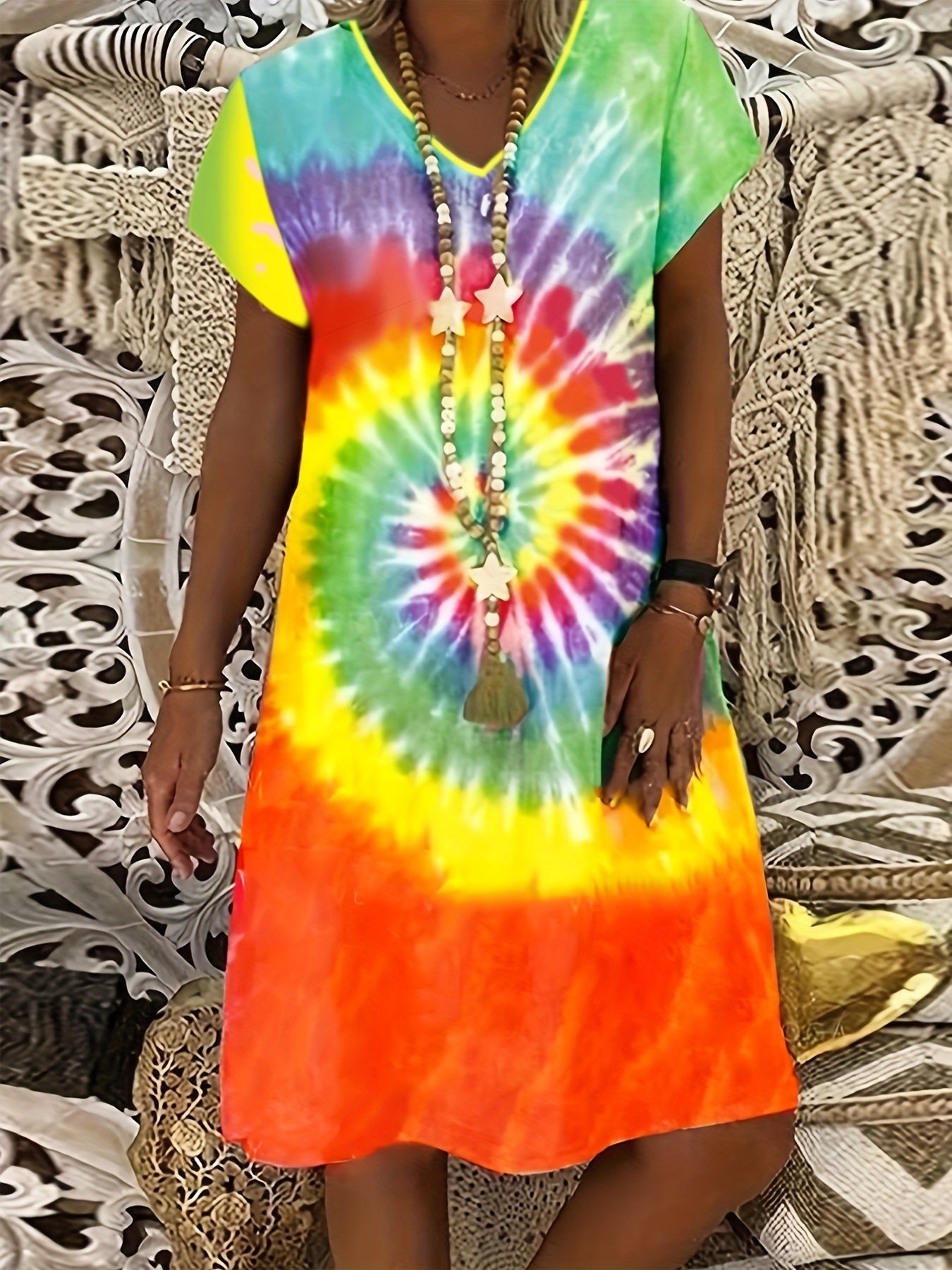  Tie Dye V Neck Casual Dress