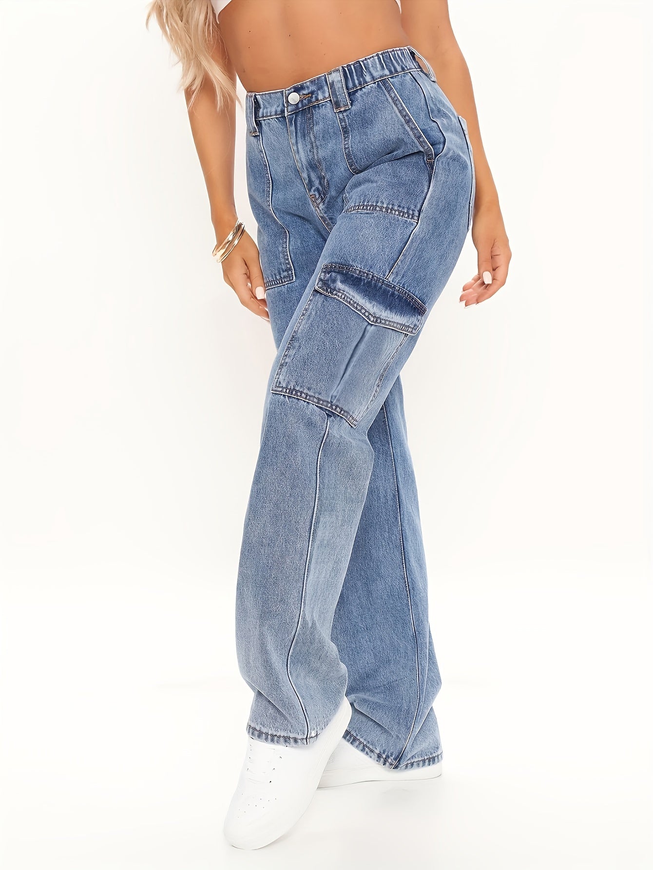 Women's Plus Button Fly High Rise Straight Leg Cargo Jeans