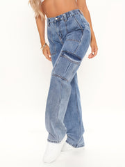 Women's Plus Button Fly High Rise Straight Leg Cargo Jeans