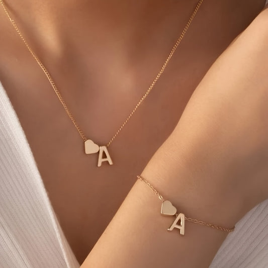 26 Letters Pendant Necklace & Chain Bracelet Set for Women & Girls