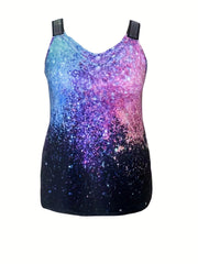  Casual Tank Top Women's Plus Rhinestone Strap Print Sleeveless V Neck