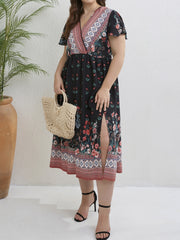  Colorblock Floral Geometric Print Cap Sleeve Midi Dress