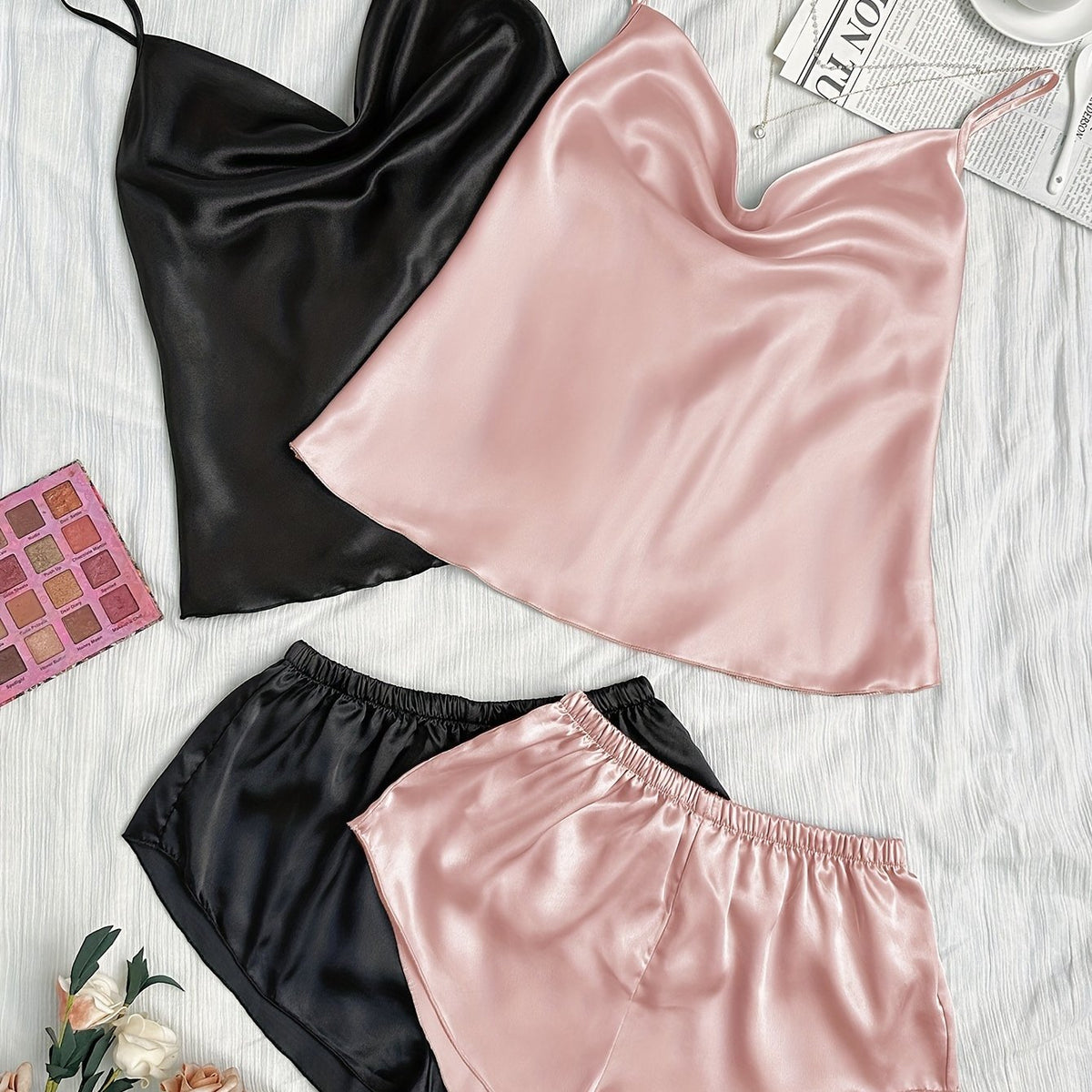 Solid Satin Pajama Set Draped Collar Cami Top & Shorts