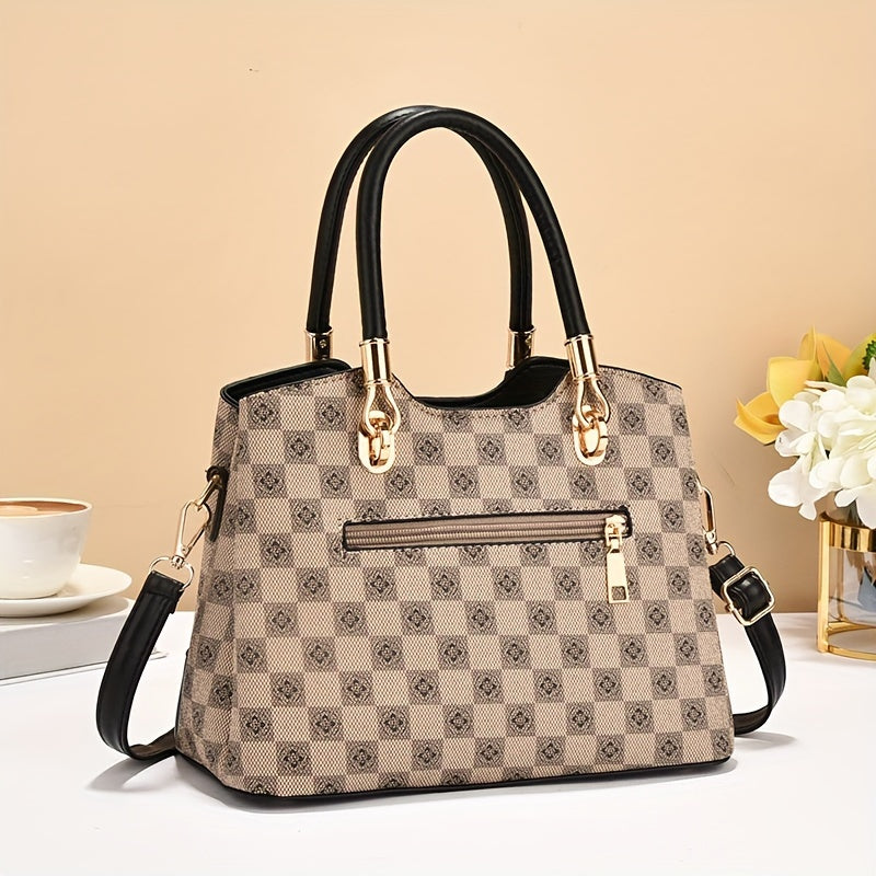 Geometric Plaid Faux Leather Top Handle Bag for Women