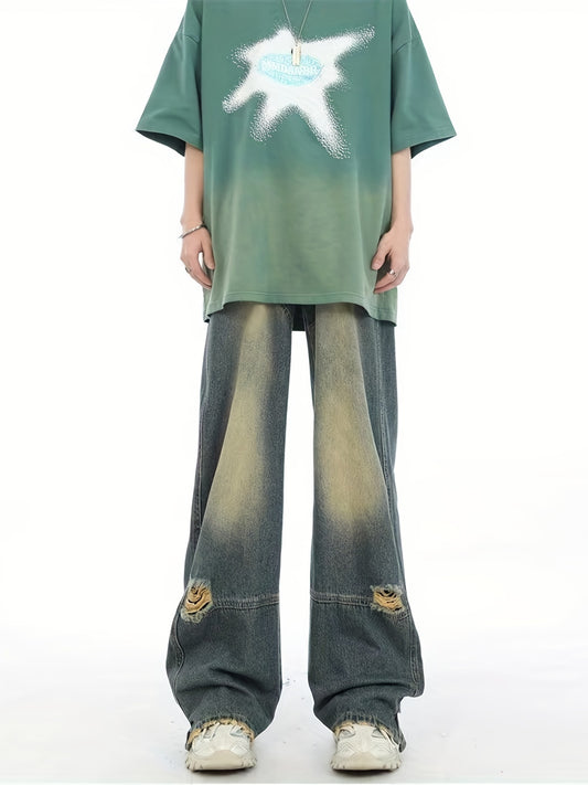 Men's Hip Hop Wide Leg Distressed Denim Pants