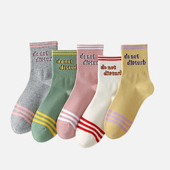 5 Pairs Letter Print Striped Socks Crew Sports Stockings Women's Hosiery