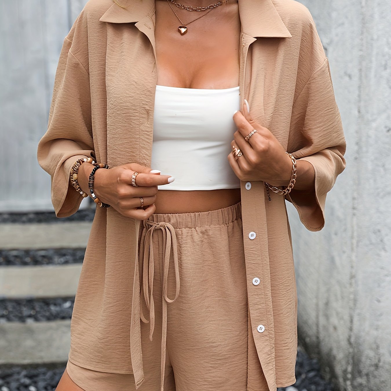 Casual Two piece Set Button Front Blouse & Drawstring Shorts