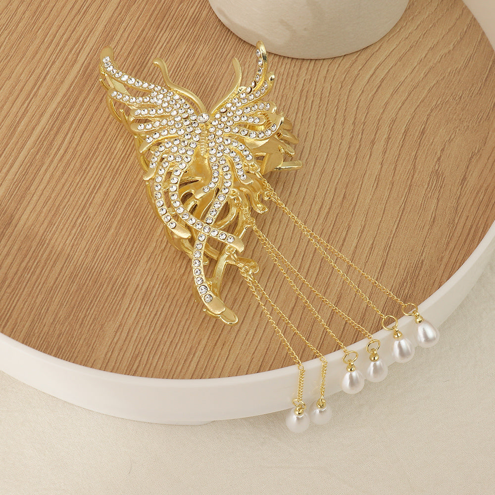 Medium Hair Claw Clip Rhinestone Faux Pearl Decor Barrette for Thin Thick Hair