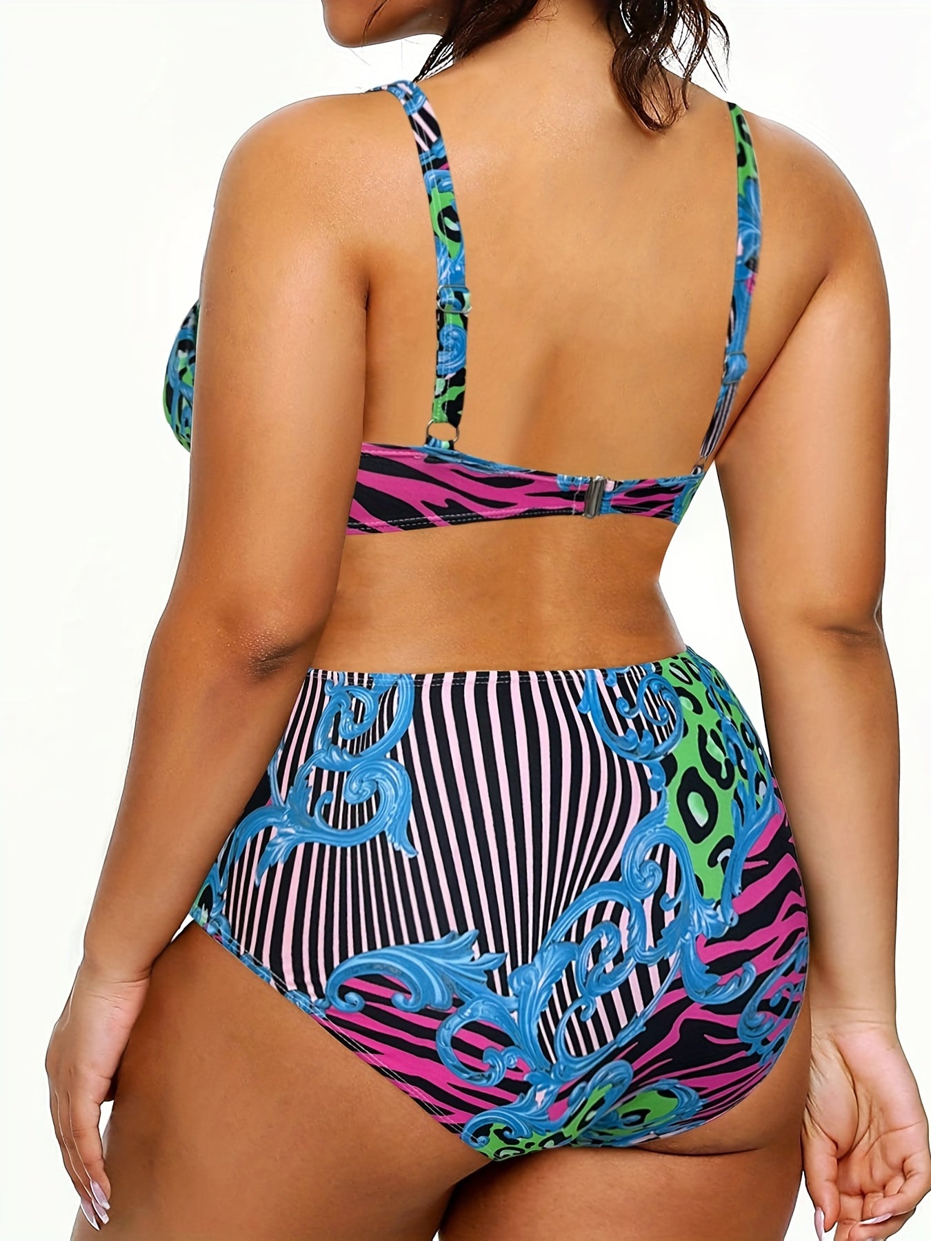  Leopard & Checkered Print V Neck Bikini Set