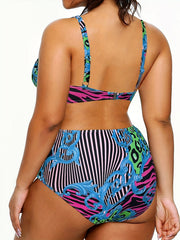  Leopard & Checkered Print V Neck Bikini Set