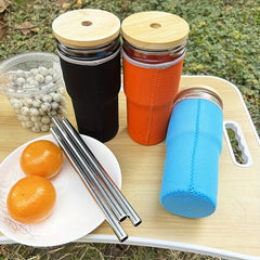 24oz Glass Cup With Cup Sleeve and Stainless Steel Straw