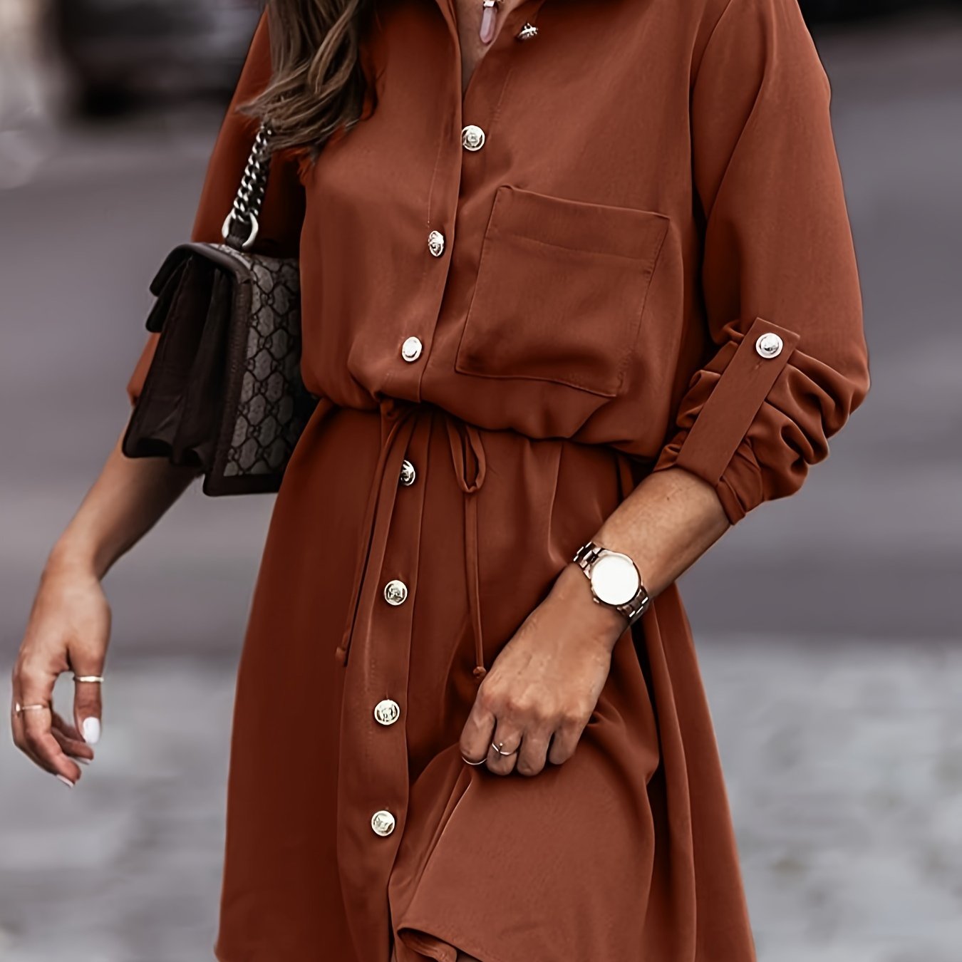 Solid Button Up Long Sleeve Drawstring Shirt Dress