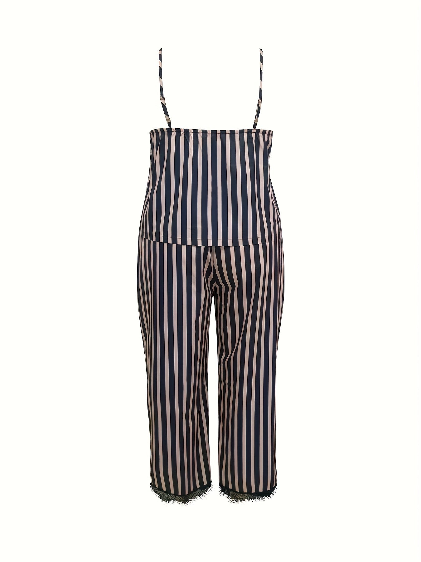  Stripe Print Cami Top & Lace Bow Pants Pajama Set