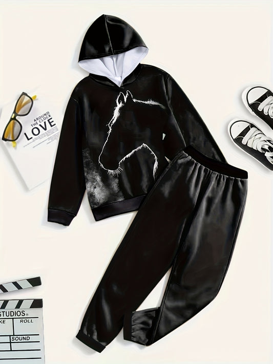 2pc Horse Graphic Hoodies Jogger Pants for Boys Girls