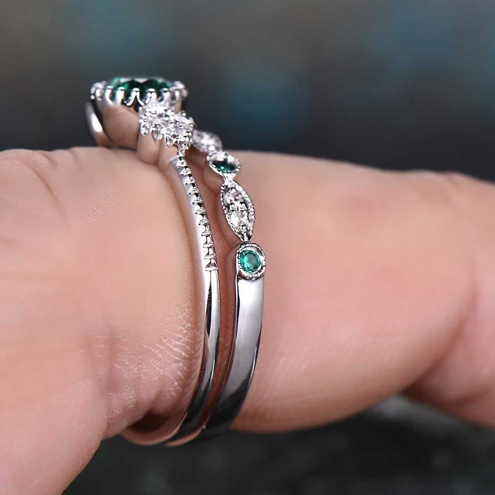Round Cut Zircon Couple Rings 2 Pcs Set
